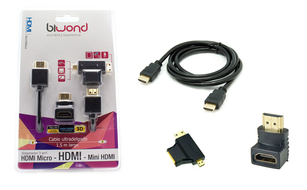 Cable HDMI de 1.5m - Incluye adaptador mini HDMI y adaptador micro