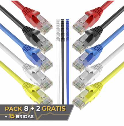 Pack 8 Cables + 2 GRATIS Ethernet CAT6 RJ45 24AWG 2m + 15 Bridas Max Connection