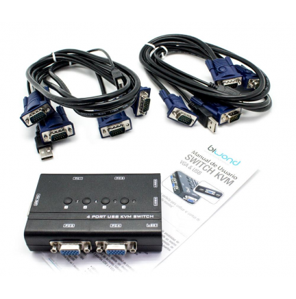 Conmutador KVM4 USB/VGA Switch 4 Puertos + Cables BIWOND