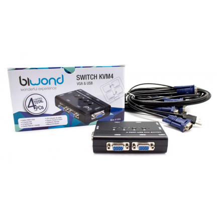 Conmutador KVM4 USB/VGA Switch 4 Puertos + Cables BIWOND